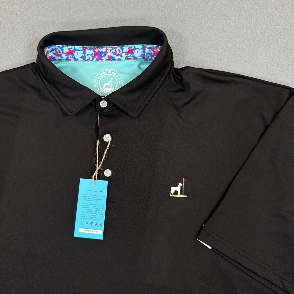Proud 90 Golf Is Fun Mens 3X Black Performance Polo Shirt Floral Collar Accent